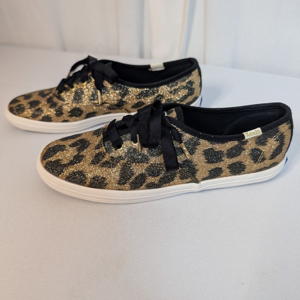 Keds x Kate Spade Glitter Leopard Sneakers Gold Black Ribbon Laces Size 6 EUC - Picture 5 of 14